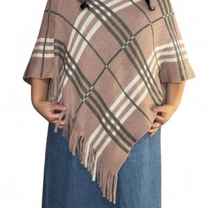 White Mark Pink and White Plaid Poncho with Fringe